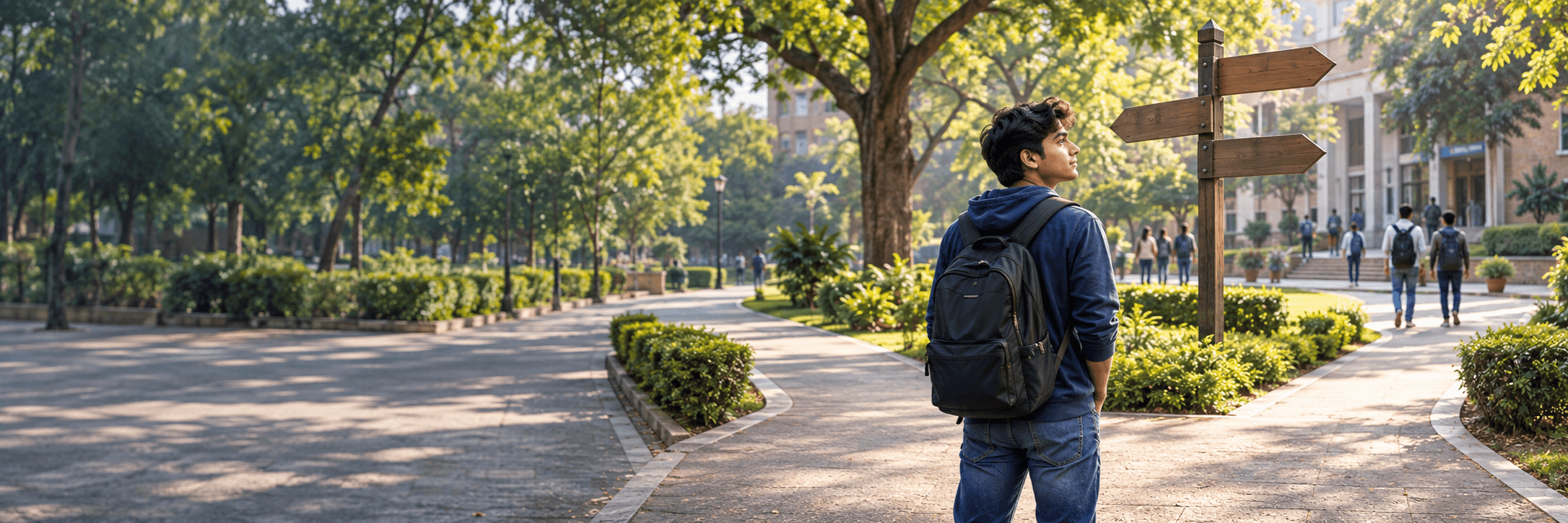 Student with a backpack considering paths at a leafy college campus