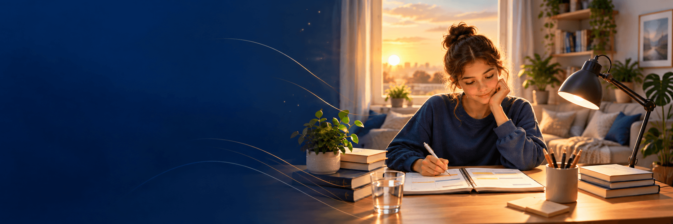 Student calmly planning a study routine at a desk
