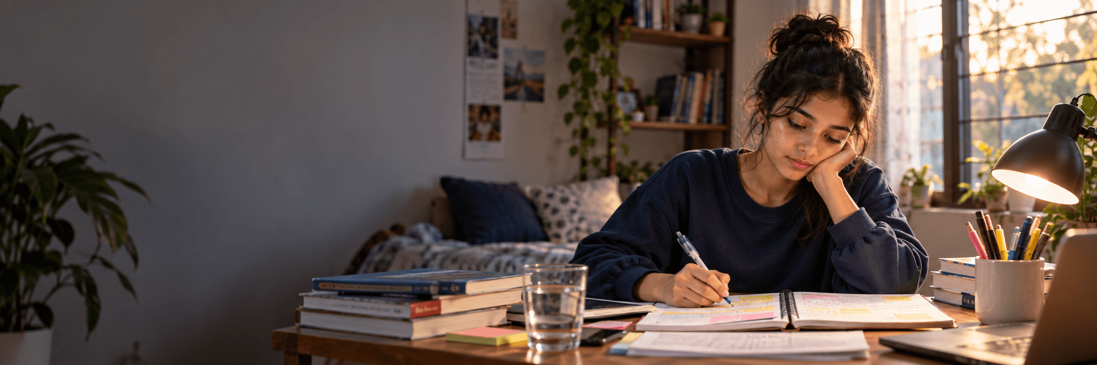 Student calmly planning a study routine at a desk