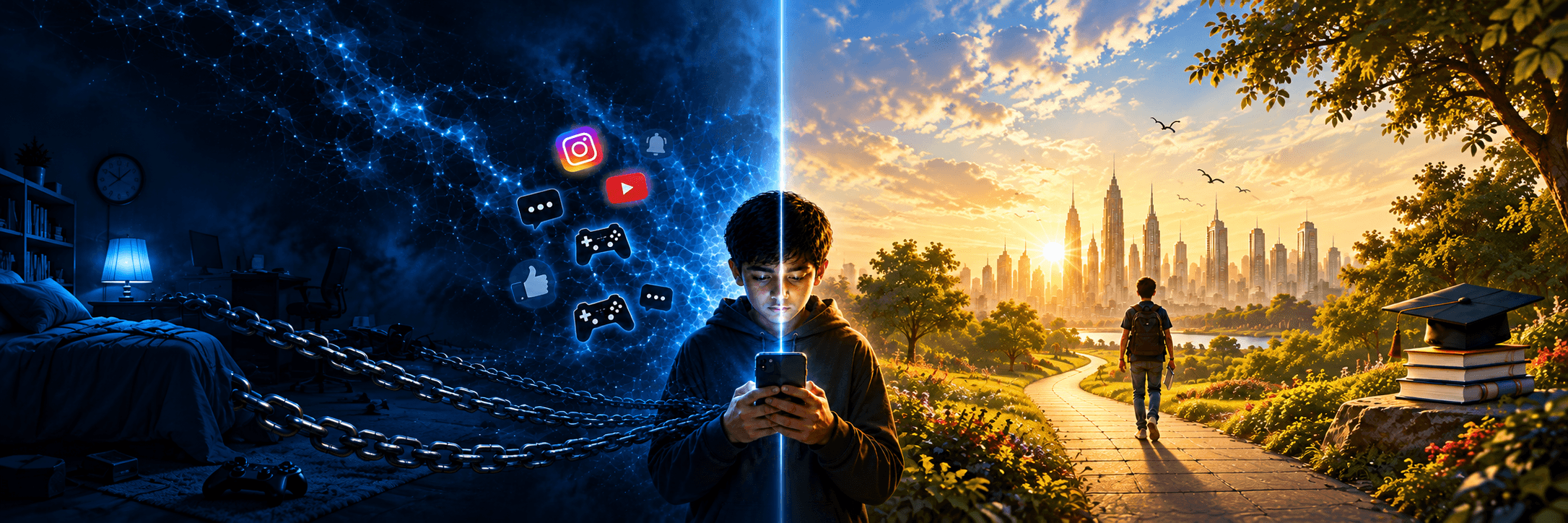 Student with a phone between a digital distraction and a hopeful education future