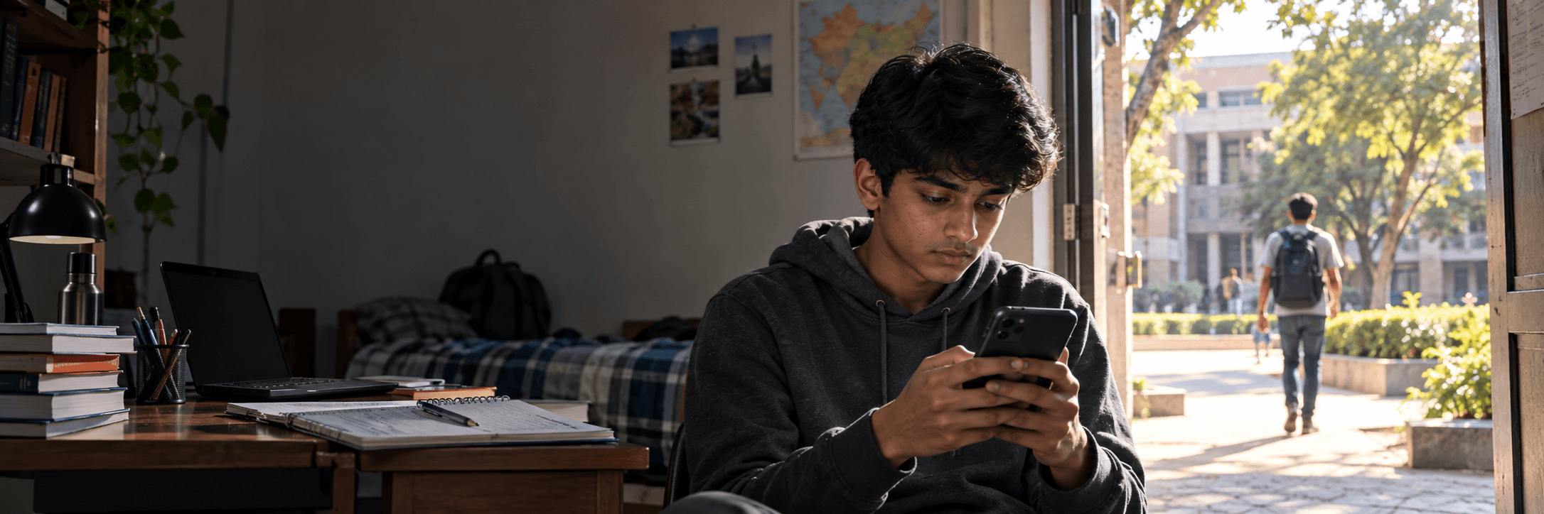 Student using a phone in a study room with a sunlit campus outside