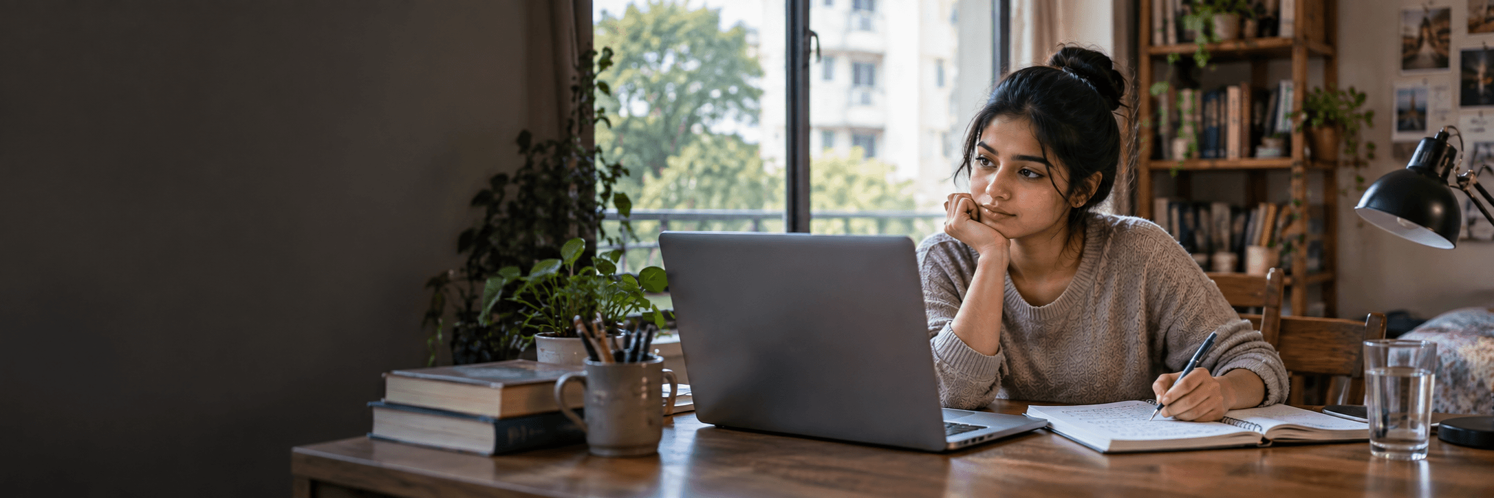 Student balancing online learning and handwritten study at a desk